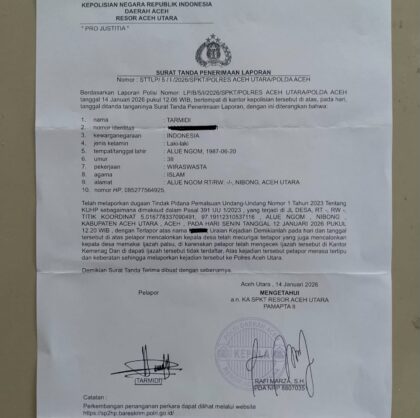 Surat Tanda Penerimaan Laporan terkait dugaan keabsahan ijazah Pilchiksung Alue Ngom Aceh Utara