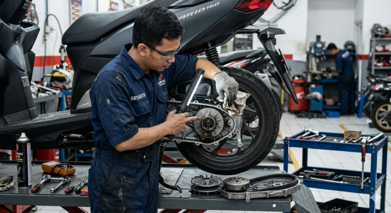 Pemeriksaan seal kruk as motor matic bocor pada ruang CVT untuk mencegah kerusakan transmisi