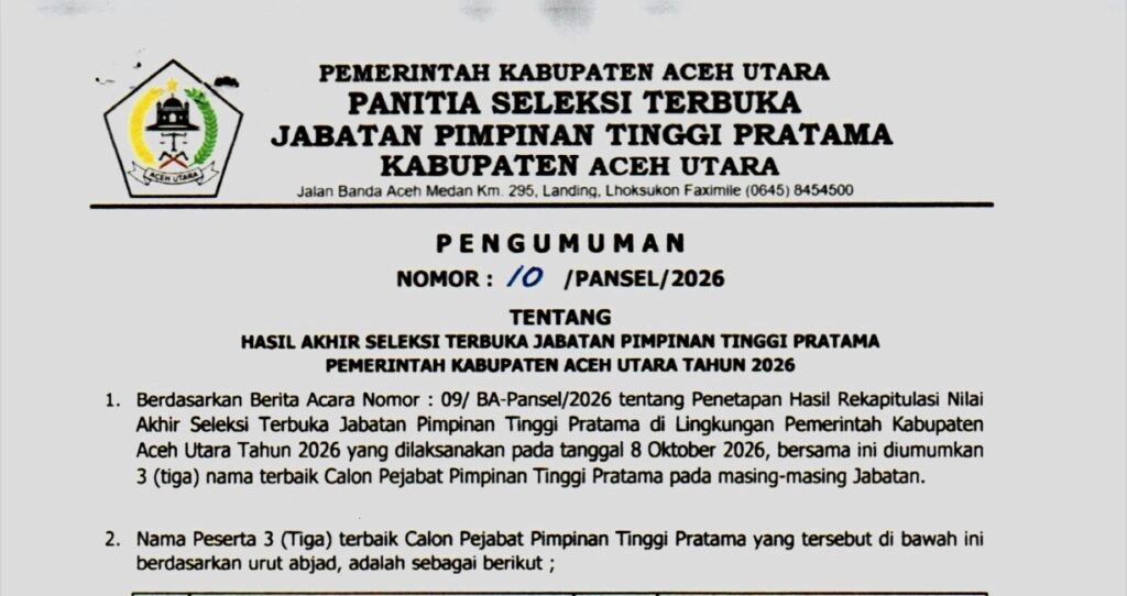 Dokumen hasil seleksi JPT Aceh Utara 2026, 36 kandidat tiga besar untuk 12 jabatan