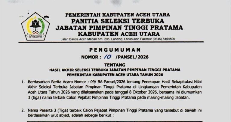 Dokumen hasil seleksi JPT Aceh Utara 2026, 36 kandidat tiga besar untuk 12 jabatan